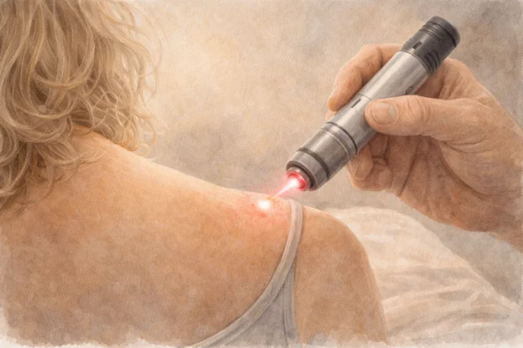 Bližnji prikaz laserske stimulacije akupunkturne točke za lajšanje kronične bolečine