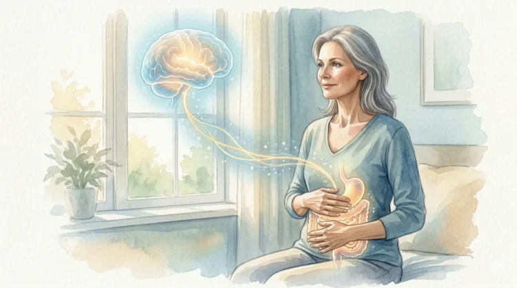 Odrasla ženska v jutranji svetlobi razmišlja o povezavi med črevesjem in možgani pri fibromialgiji.