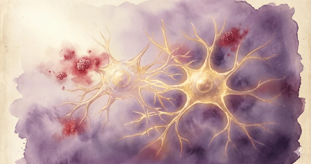 Slikovita upodobitev Default Mode Network (DMN) disfunkcije pri fibromialgiji akvarelna ponazoritev - Filoma