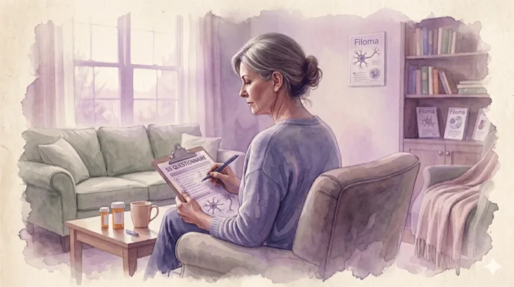 Akvarelna ilustracija ženske, ki sedi na kavču in izpolnjuje diagnostični vprašalnik SS za fibromialgijo, v umirjenih pastelnih tonih z nežno vijolično meglico.