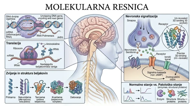 Znanstveni diagram molekularne resnice o fibromialgiji: podroben prikaz nevrovnetja, strukture beljakovin in celičnih procesov v slogu Filoma.