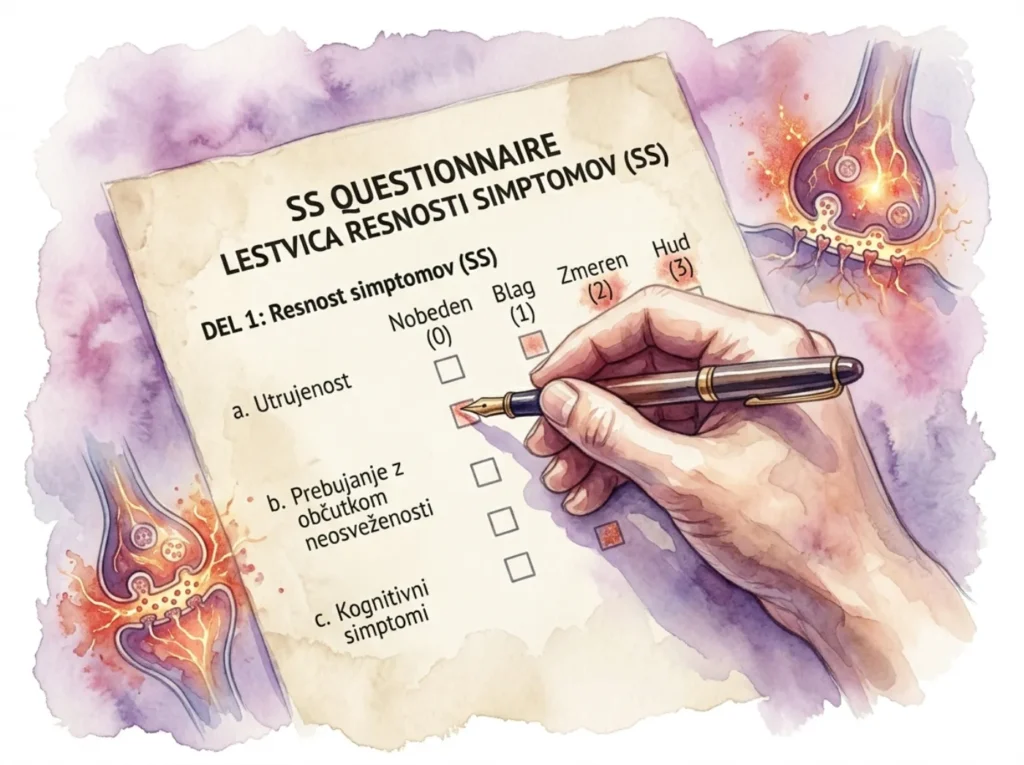 Od blizu prikazana roka, ki izpolnjuje slovenski obrazec Lestvica resnosti simptomov (SS) za fibromialgijo. Ob strani sta ilustrirana preobremenjena nevrona, ki ponazarjata centralno senzibilizacijo.