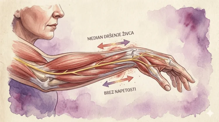 Anatomska akvarelna skica roke z natančnim prikazom poteka medianega živca. Smerne puščice in napisi "MEDIAN DRŠENJE ŽIVCA" ter "BREZ NAPETOSTI" ponazarjajo nevrodinamično vajo za zmanjšanje pekoče bolečine pri fibromialgiji.
