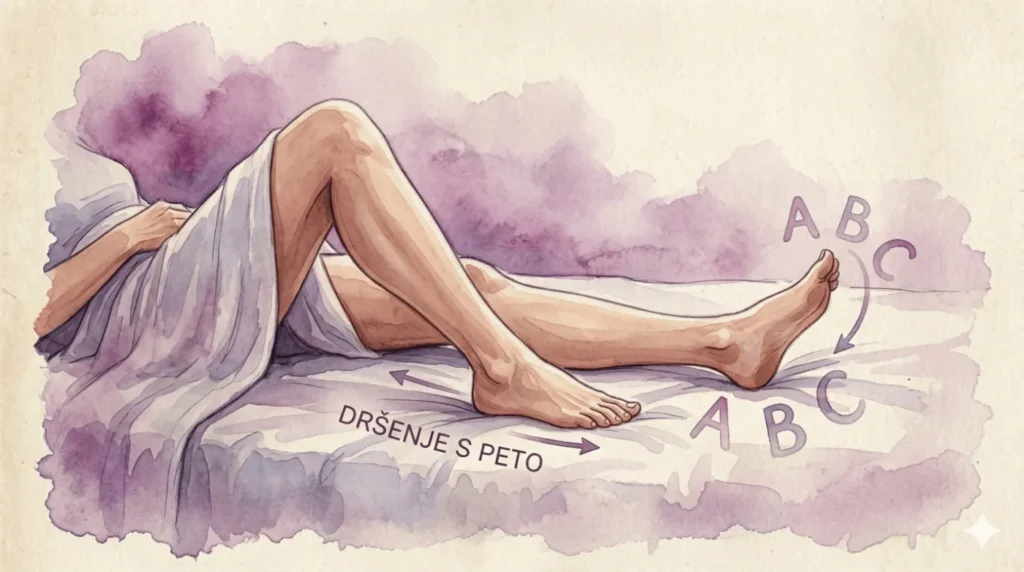 Akvarelni prikaz SOS vaj za bolnike s fibromialgijo neposredno v postelji. Ilustracija vključuje vajo drsenja s peto po rjuhi (heel slides) in kroženje z gležnjem (abeceda z gležnji), označeno z napisi "DRŠENJE S PETO" in črkami "A B C".
