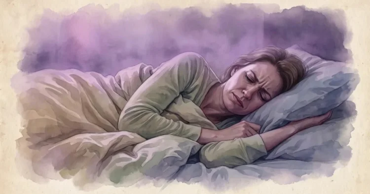 Fotorealistični akvarelni prikaz Restles-a, Restless spanca pri osebi, ki trpi za fibromialgijo.