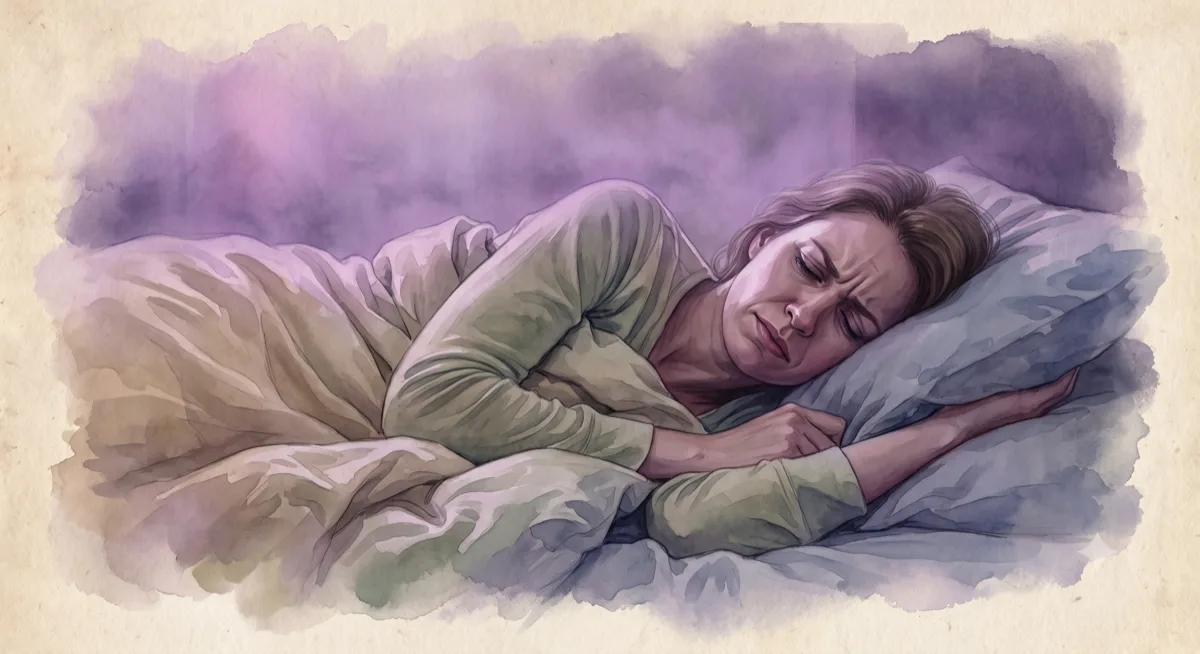 Fotorealistični akvarelni prikaz Restles-a, Restless spanca pri osebi, ki trpi za fibromialgijo.